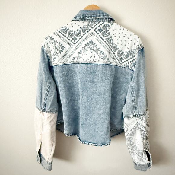 VIGOSS | NWT Bandana Paisley Denim Jean Jacket Boxy Coat Khaki Tan White | XL - Picture 5 of 8